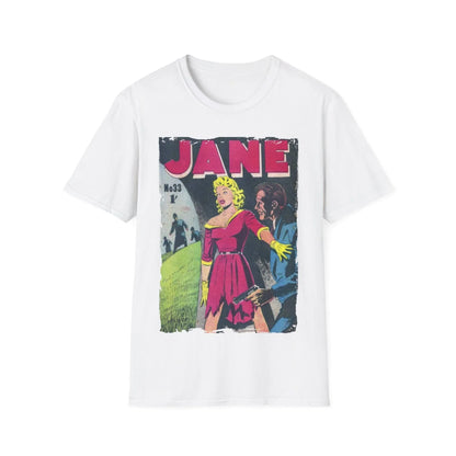 Close-up of the Jane No.33 unisex softstyle T-shirt's collar seam highlighting durable stitching and smooth fabric