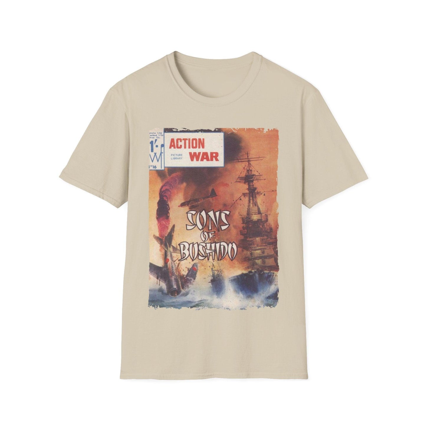 Close-up of the unisex softstyle T-shirt fabric showing smooth, relaxed fit in deep navy with subtle knit texture and crew