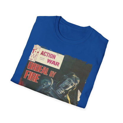 Close-up of the unisex softstyle T-shirt's back neckline showcasing subtle stitching and fabric texture in vibrant navy color