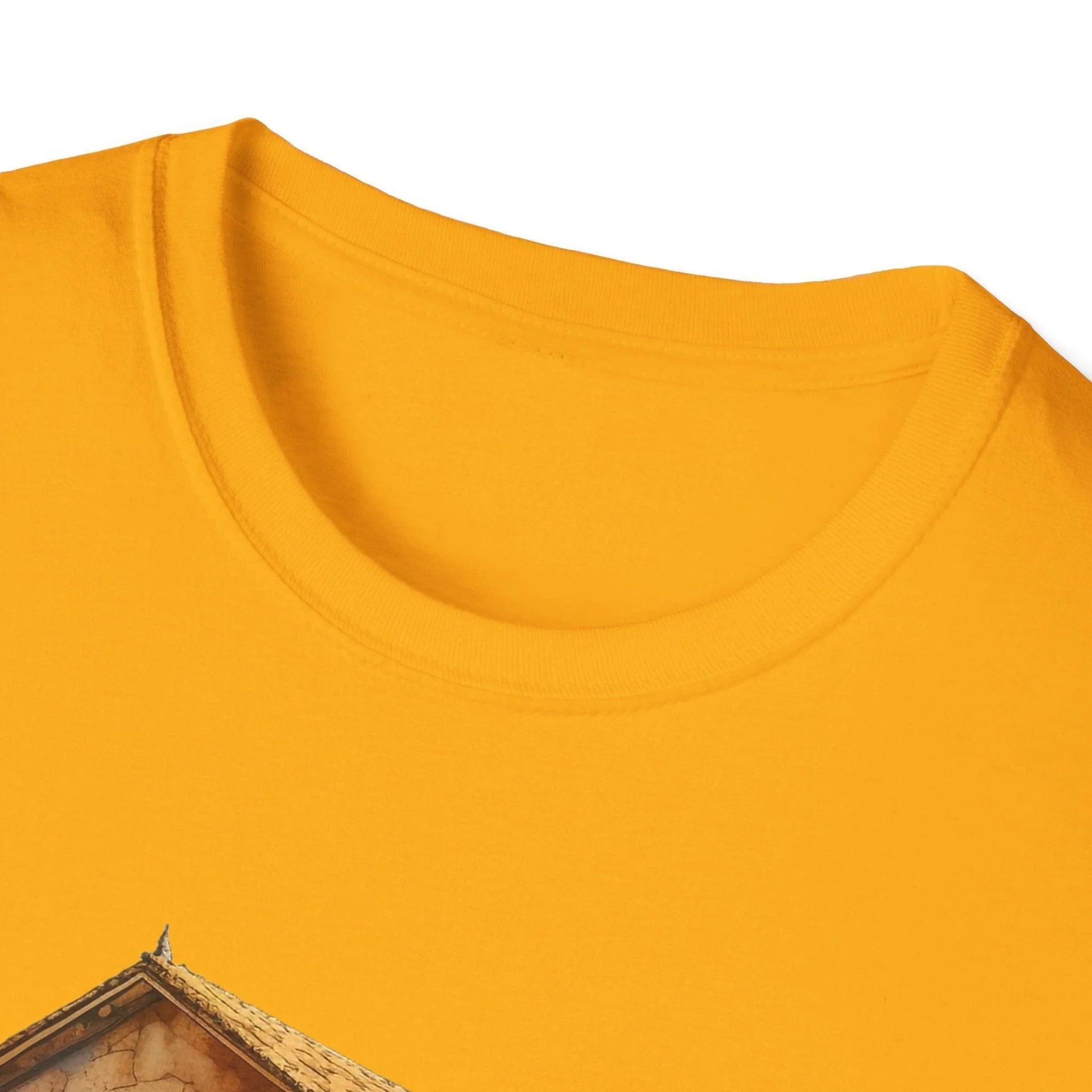 Close-up of the unisex softstyle fabric showing smooth heather gray texture and subtle stitching along the crew neckline