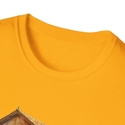 Close-up of the unisex softstyle fabric showing smooth heather gray texture and subtle stitching along the crew neckline