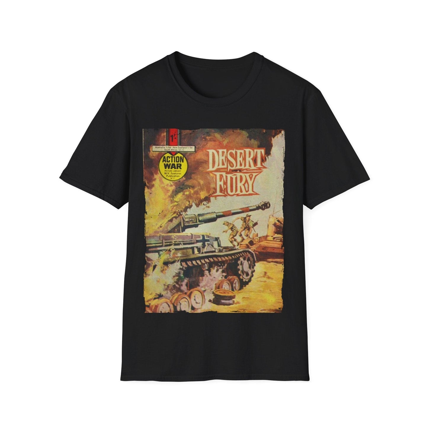 Printify Action War #2 unisex cotton crew neck T-shirt with regular fit, graphic print, short sleeves, in black color