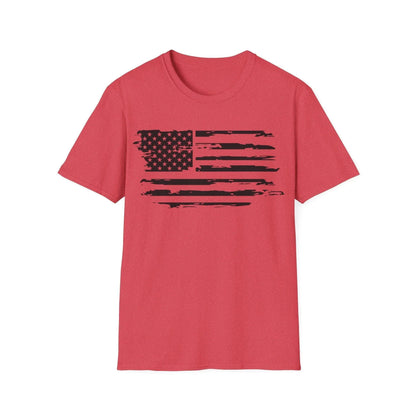 Close-up of distressed black-and-white American flag graphic on the front chest of the relaxed fit, 100% cotton unisex
