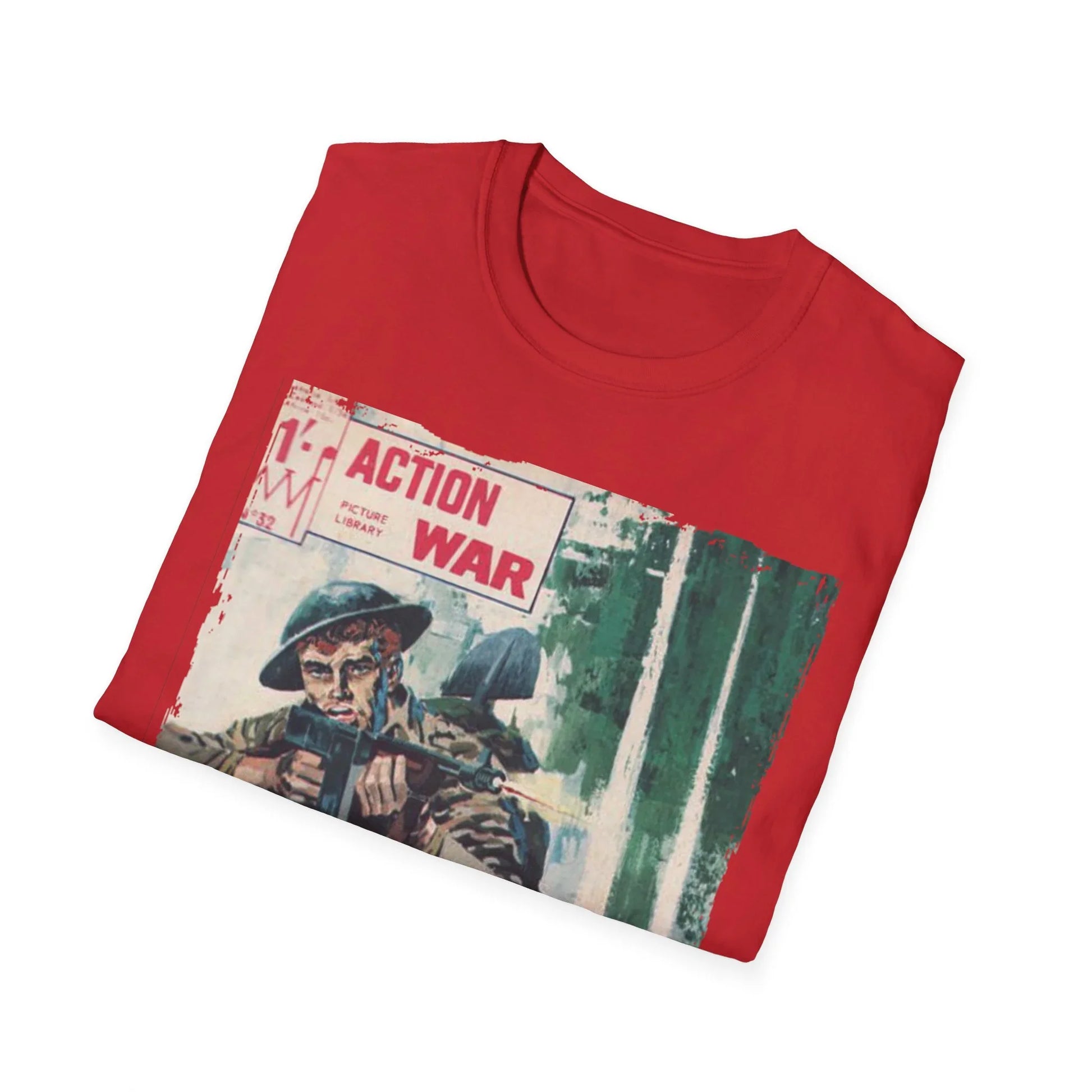 Close-up of the unisex softstyle T-shirt neckline showing reinforced stitching and subtle fabric texture in vibrant red