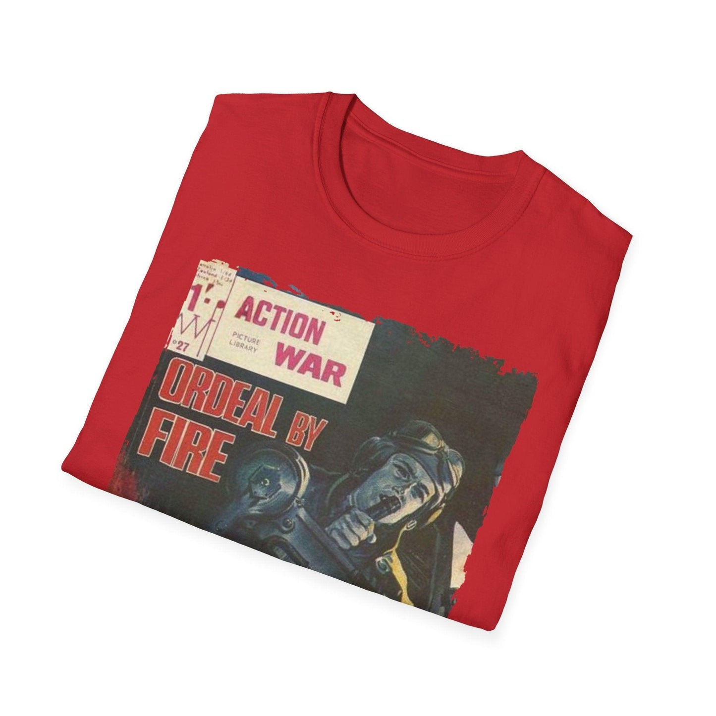 Close-up of the unisex softstyle cotton T-shirt neckline showcasing reinforced stitching and smooth fabric texture in deep