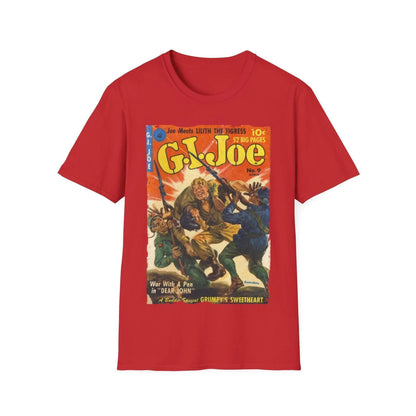 Close-up of the G.I. Joe No.9 T-shirt’s curved neckline and stitched collar detail in vibrant red cotton fabric.
