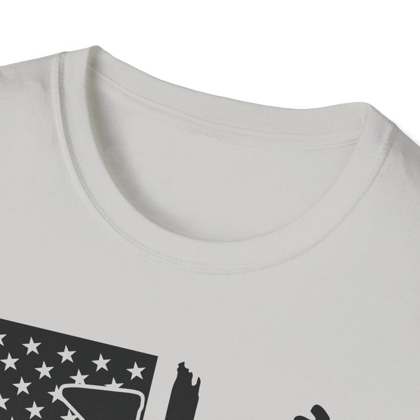 Front view highlighting the distressed black and white American flag pattern on the unisex softstyle T-shirt's sleeve cuff