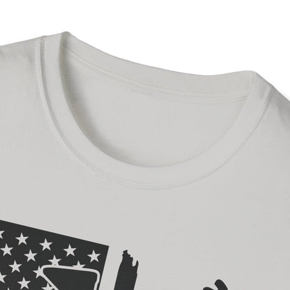 Front view highlighting the distressed black and white American flag pattern on the unisex softstyle T-shirt's sleeve cuff