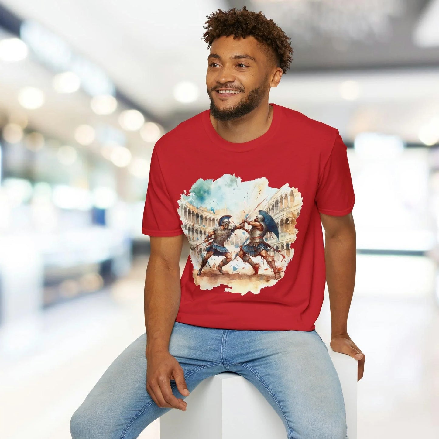 Close-up of the unisex softstyle T-shirt’s relaxed fit neckline and subtle fabric texture in deep navy color from a front