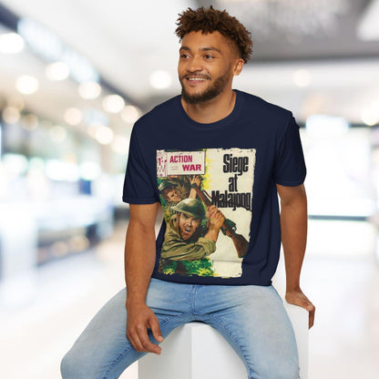 Close-up of the unisex softstyle T-shirt’s crew neckline with reinforced stitching and charcoal gray fabric texture detail.