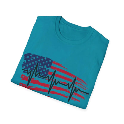 Close-up of the distressed American flag heartbeat design on the chest, highlighting vibrant red, white, and blue ink
