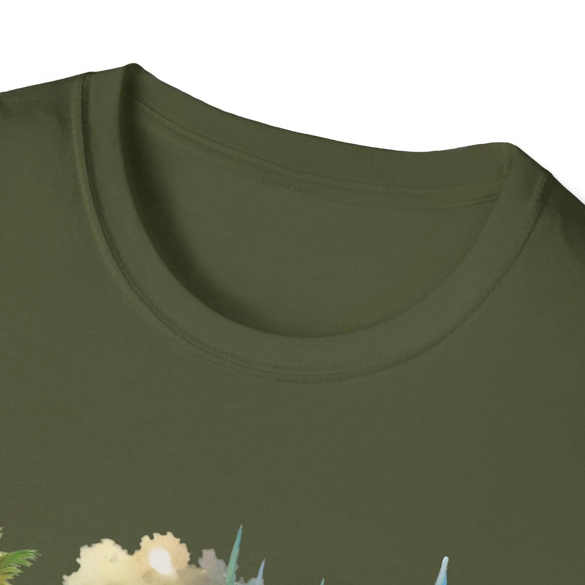 Close-up of soft, heather gray cotton fabric highlighting subtle texture and breathable ribbed neckline detail of the unisex