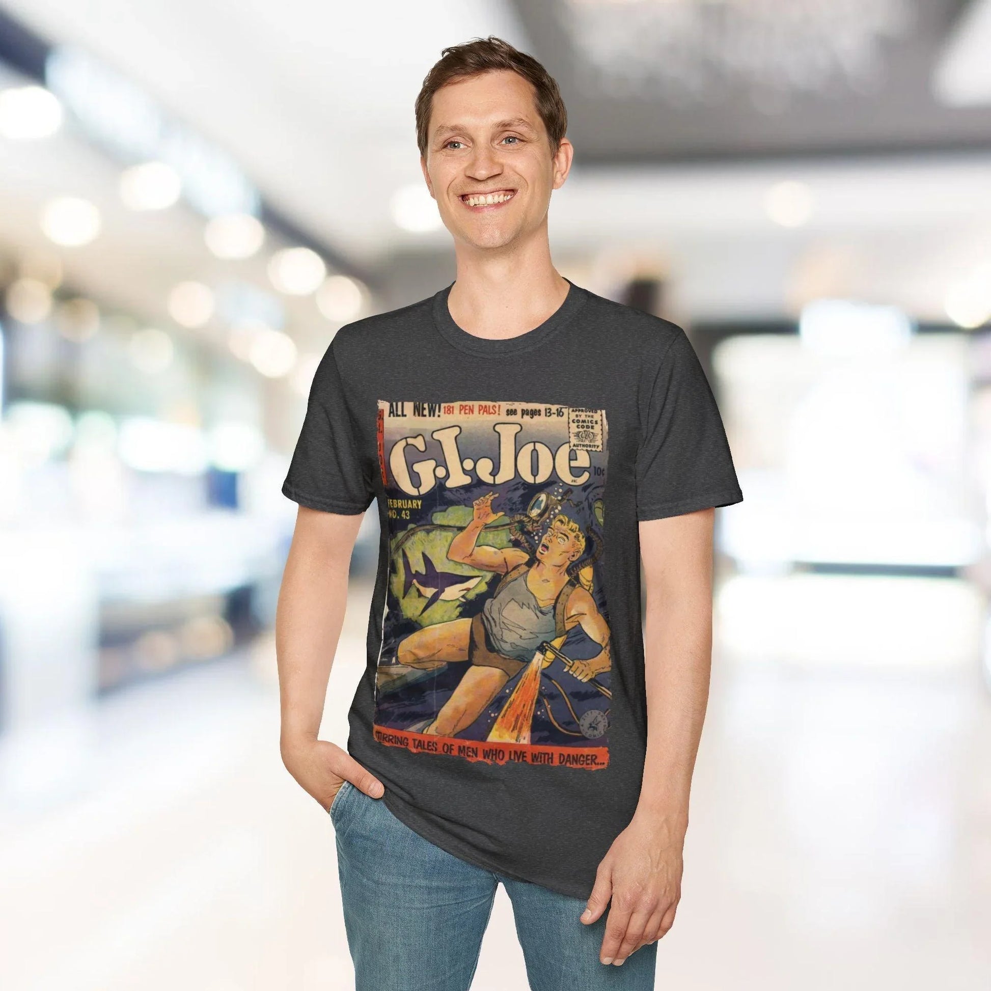 Close-up of the G.I. Joe No.43 unisex softstyle T-shirt's navy fabric displaying smooth texture and subtle stitching details