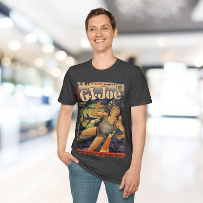 Close-up of the G.I. Joe No.43 unisex softstyle T-shirt's navy fabric displaying smooth texture and subtle stitching details