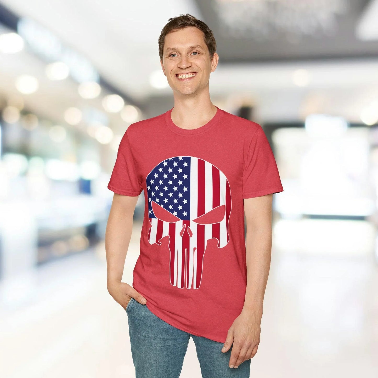 Overhead view highlighting the vibrant American Skull Flag design printed on the soft, relaxed-fit unisex T-shirt in bold