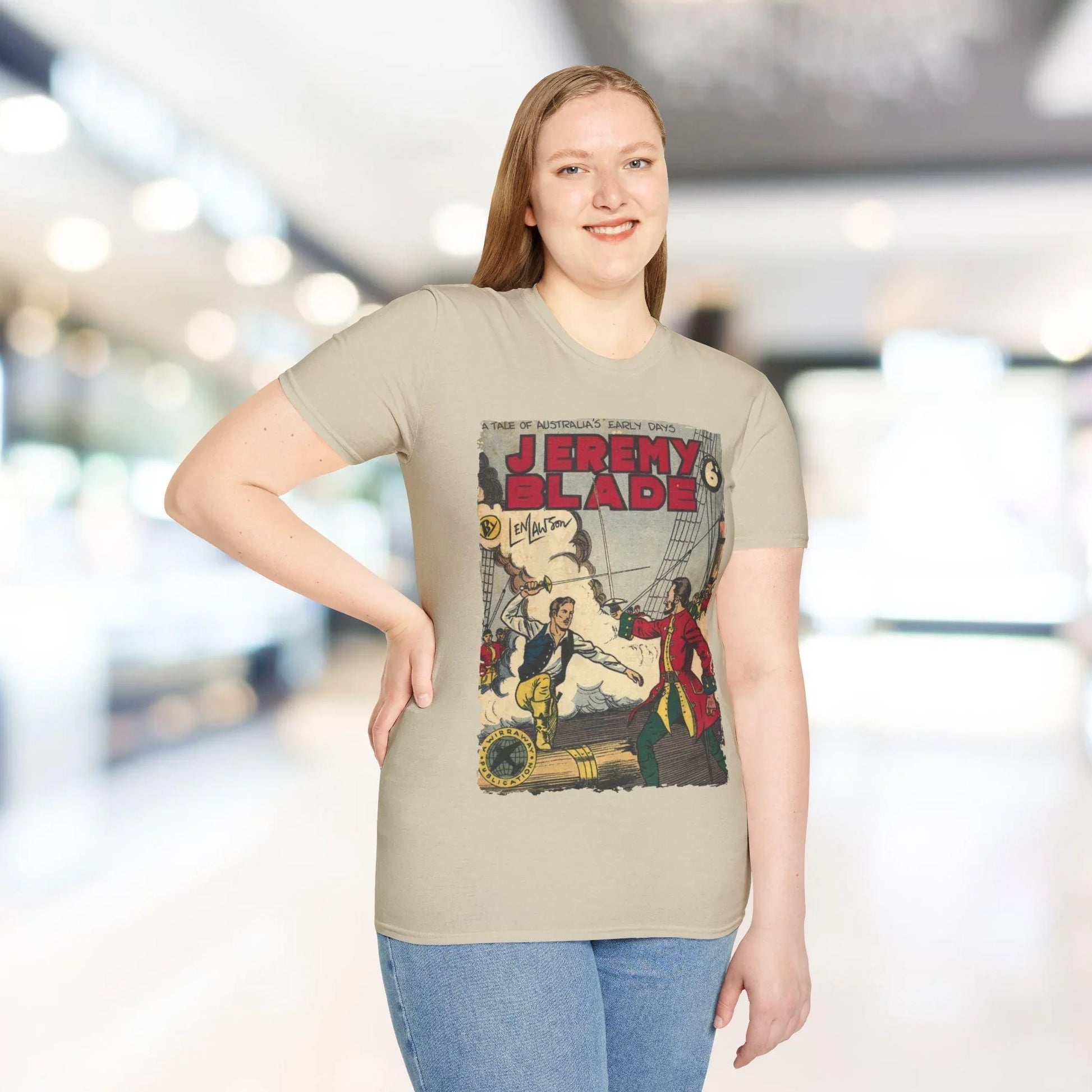 Close-up of Jeremy Blade unisex softstyle T-shirt fabric showing smooth texture, relaxed fit, and subtle stitching detail