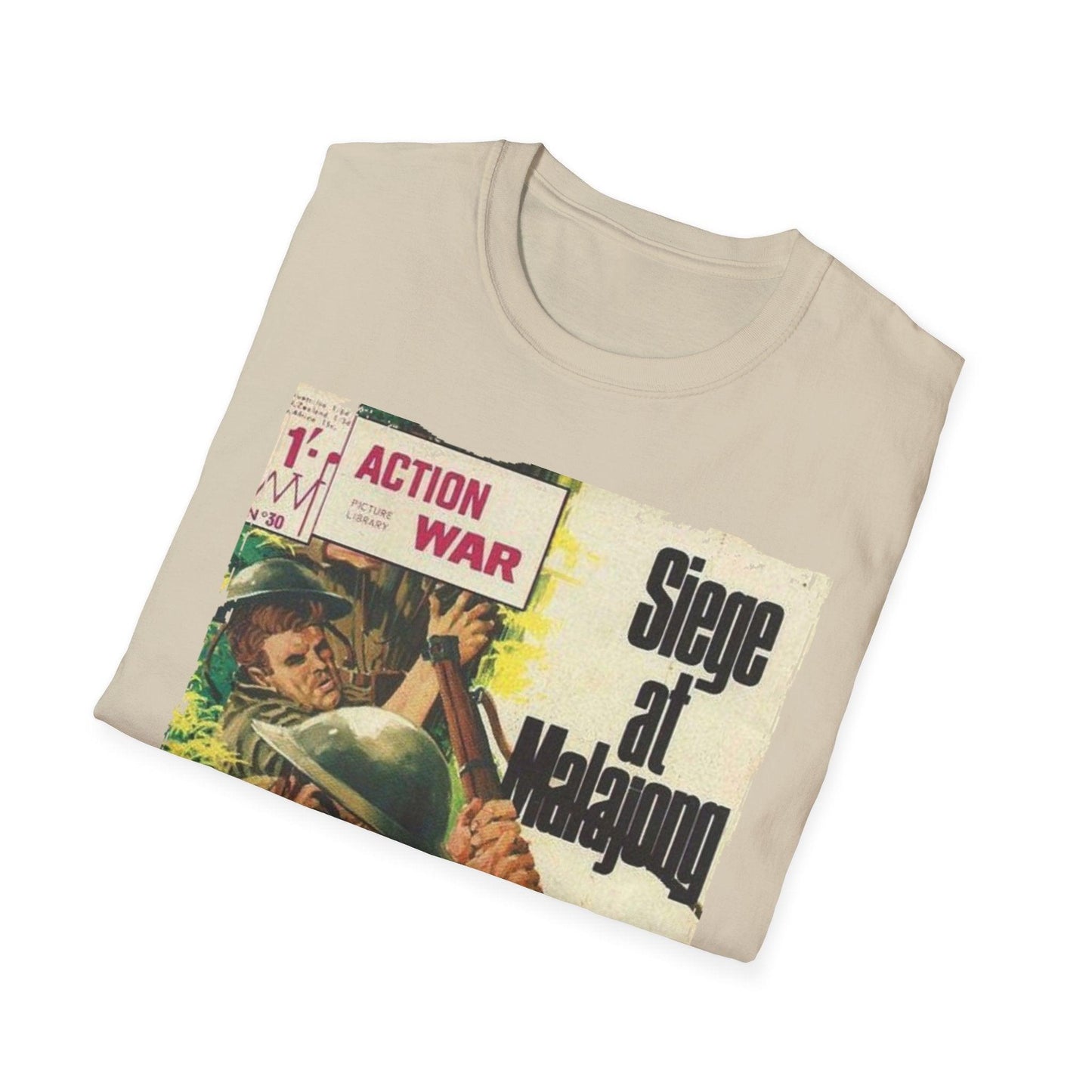 Close-up of the unisex softstyle T-shirt's smooth cotton fabric displaying the relaxed fit and striking navy blue color from