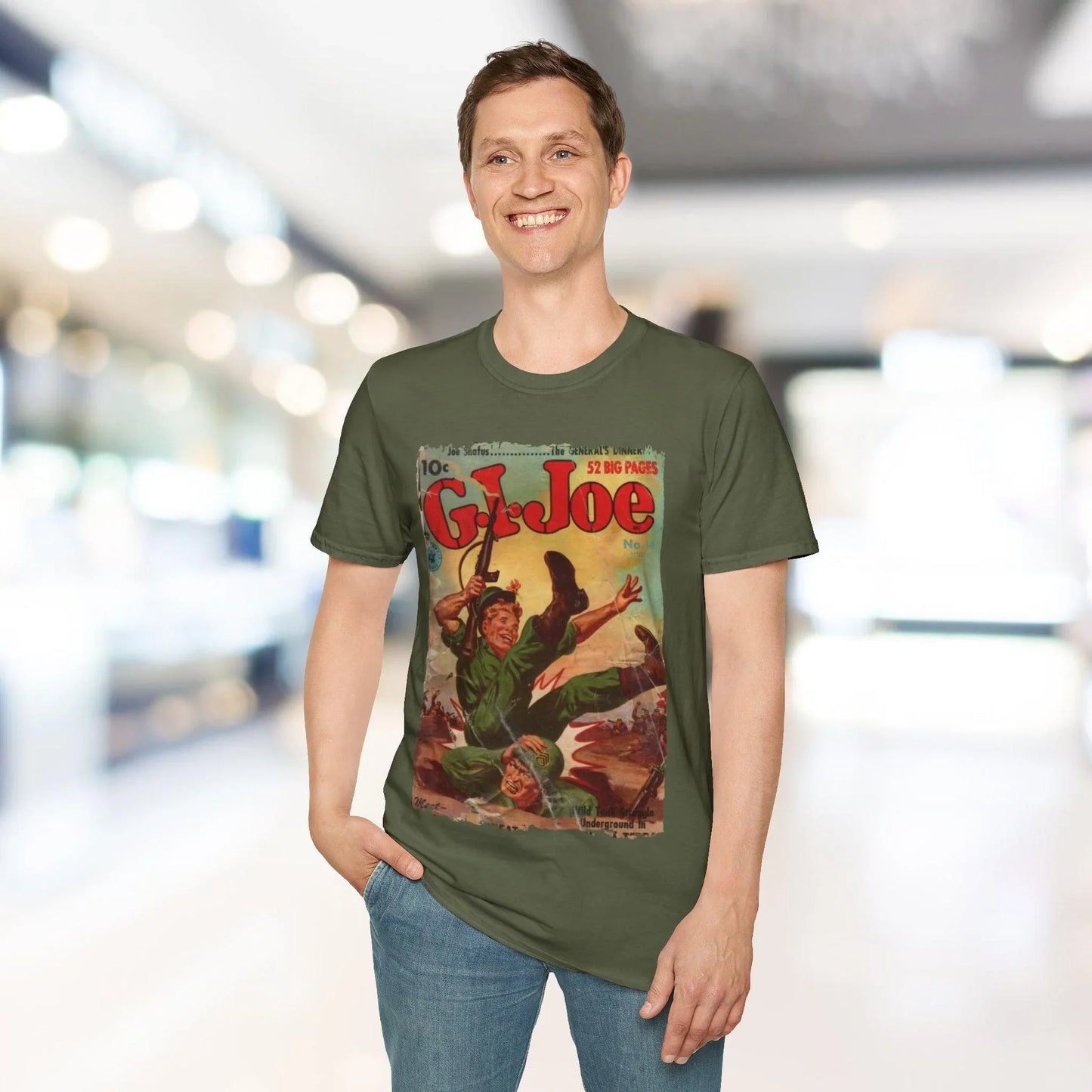 Close-up of the G.I. Joe No.14 T-shirt’s soft crew neckline and smooth fabric texture in vibrant navy color