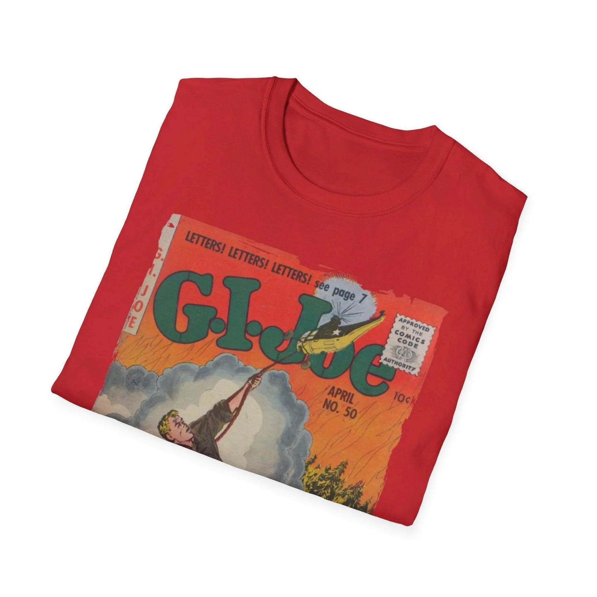 Close-up of the G.I. Joe No.50 unisex softstyle T-shirt fabric showing smooth cotton blend texture and reinforced neckline