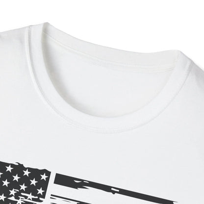 Close-up of the distressed American flag design on the front chest area highlighting the textured black and white pattern