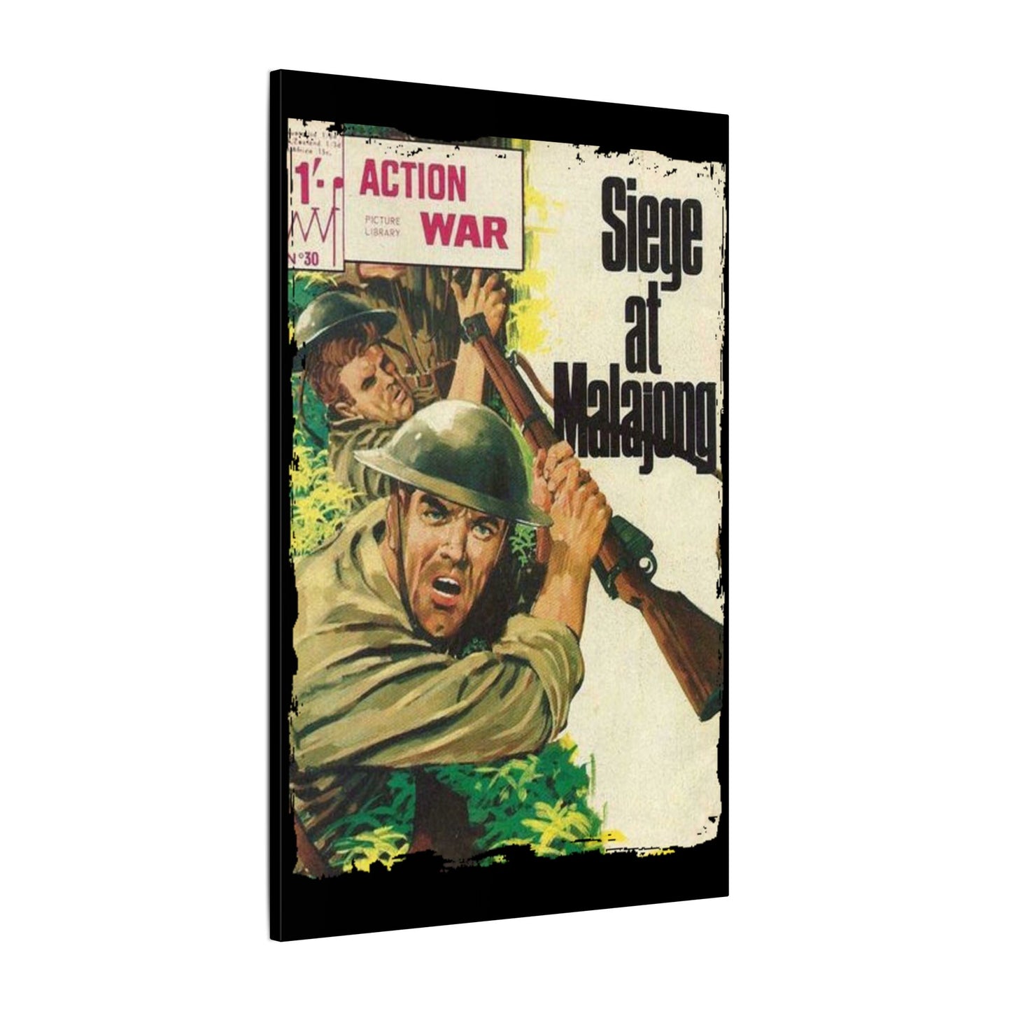 Close-up of the canvas texture with visible brushstrokes and vibrant color details highlighting the vintage comic style.