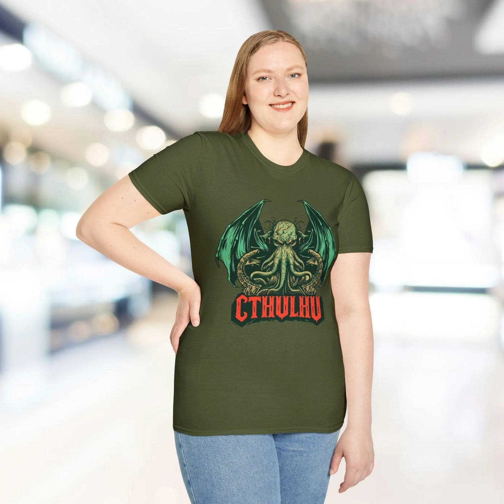 Close-up of the navy Cthulhu T-shirt's subtle front chest graphic detail and smooth cotton-blend fabric texture
