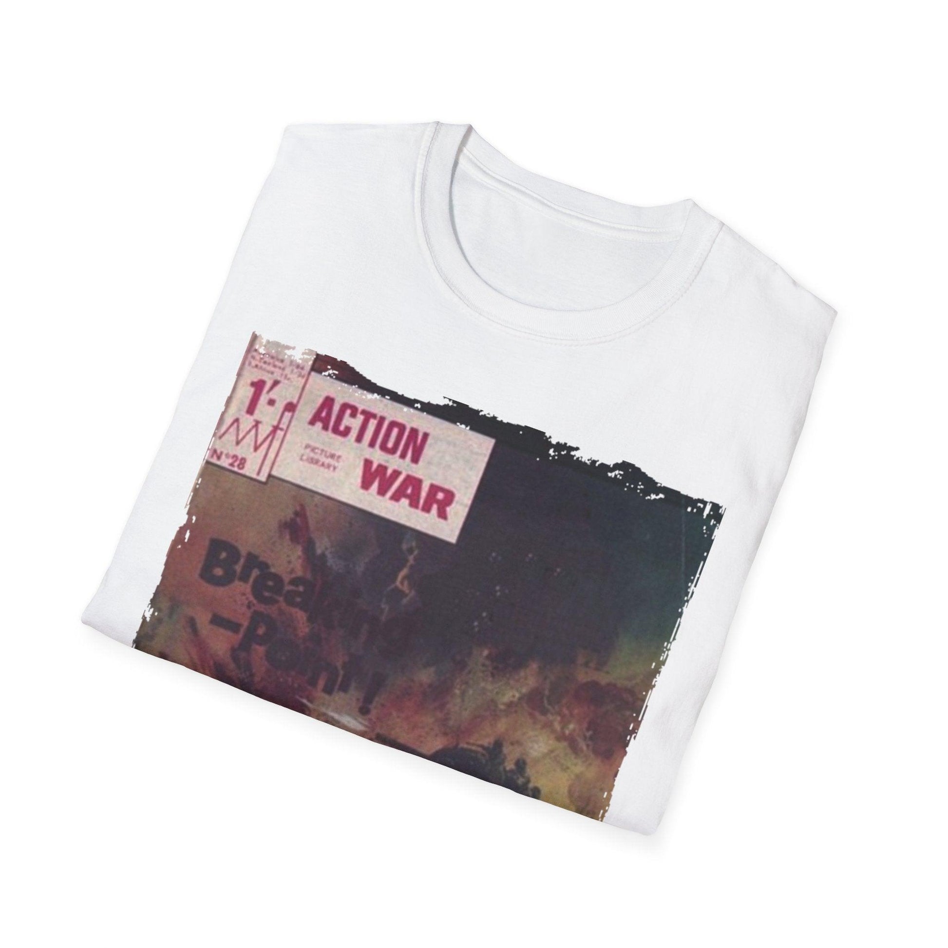 Close-up of the unisex softstyle T-shirt's vibrant crimson fabric featuring seamless crew neckline and short sleeves in