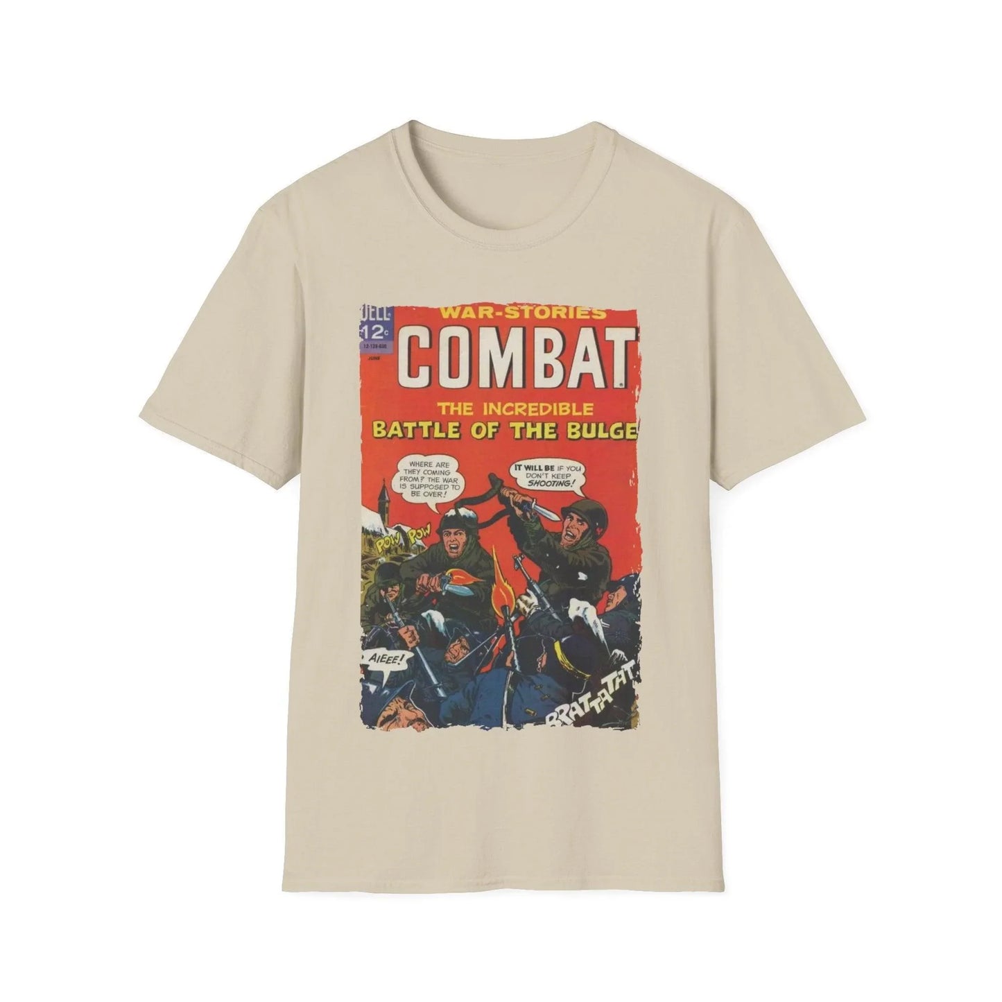 Close-up of the Combat June 1966 T-Shirt’s embroidered logo on the chest in olive green with ribbed neckline and short