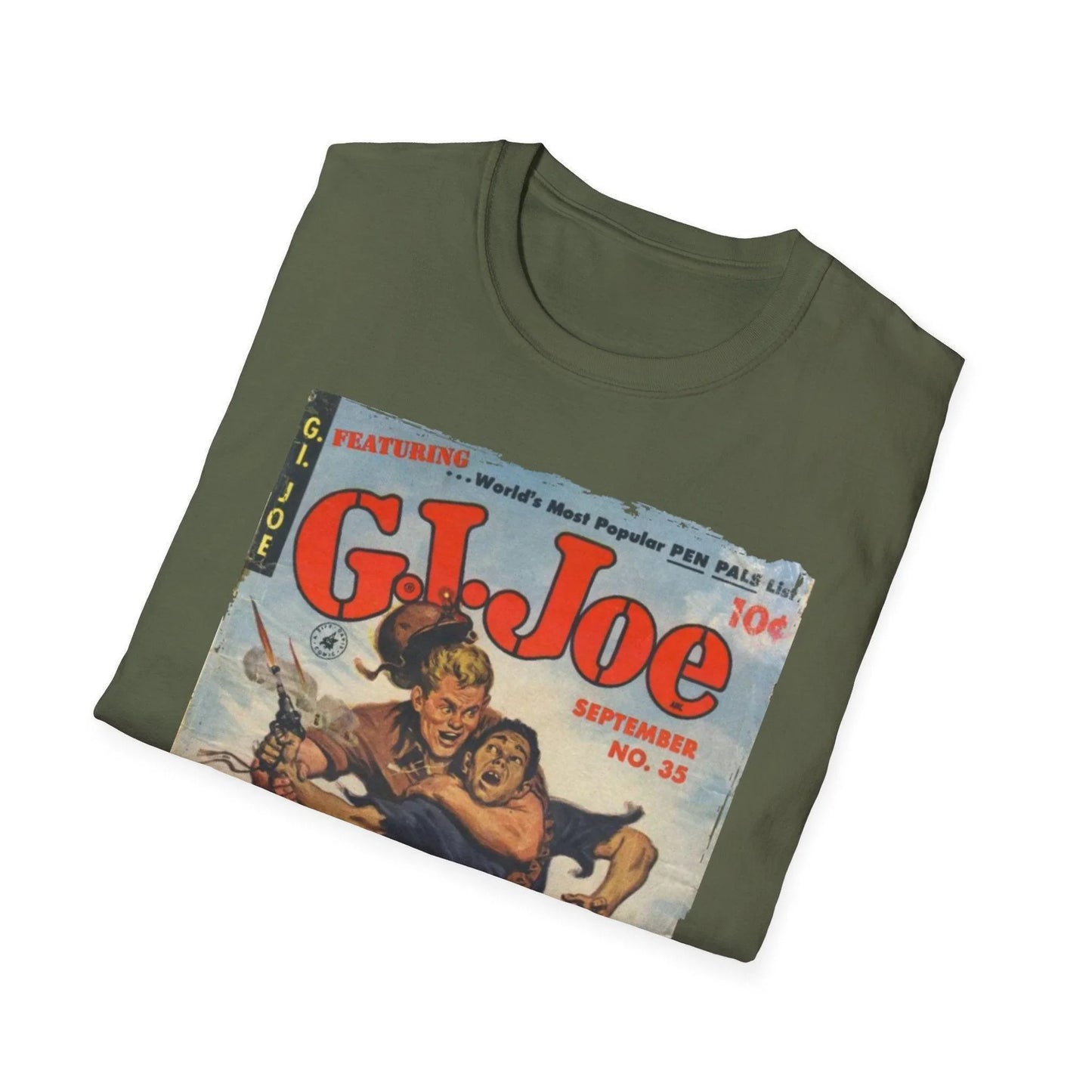 Close-up of the G.I. Joe No.35 softstyle T-shirt's smooth fabric texture and relaxed fit in regal blue, showcasing its