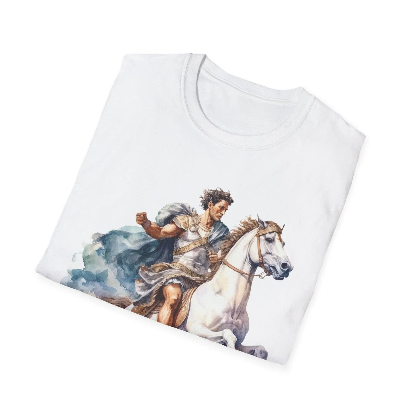 Close-up of the Ancient Mounted General T-shirt’s chest logo detail on relaxed fit olive green fabric, highlighting soft