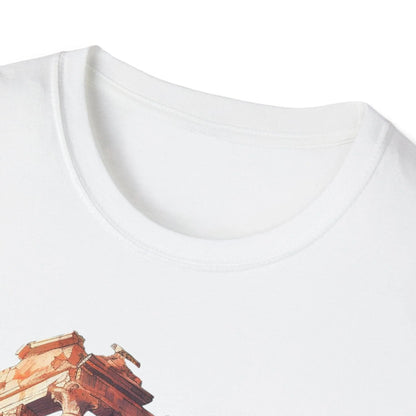 Close-up of the unisex slim fit, charcoal gray softstyle cotton T-shirt fabric with subtle texture detail near the neckline.