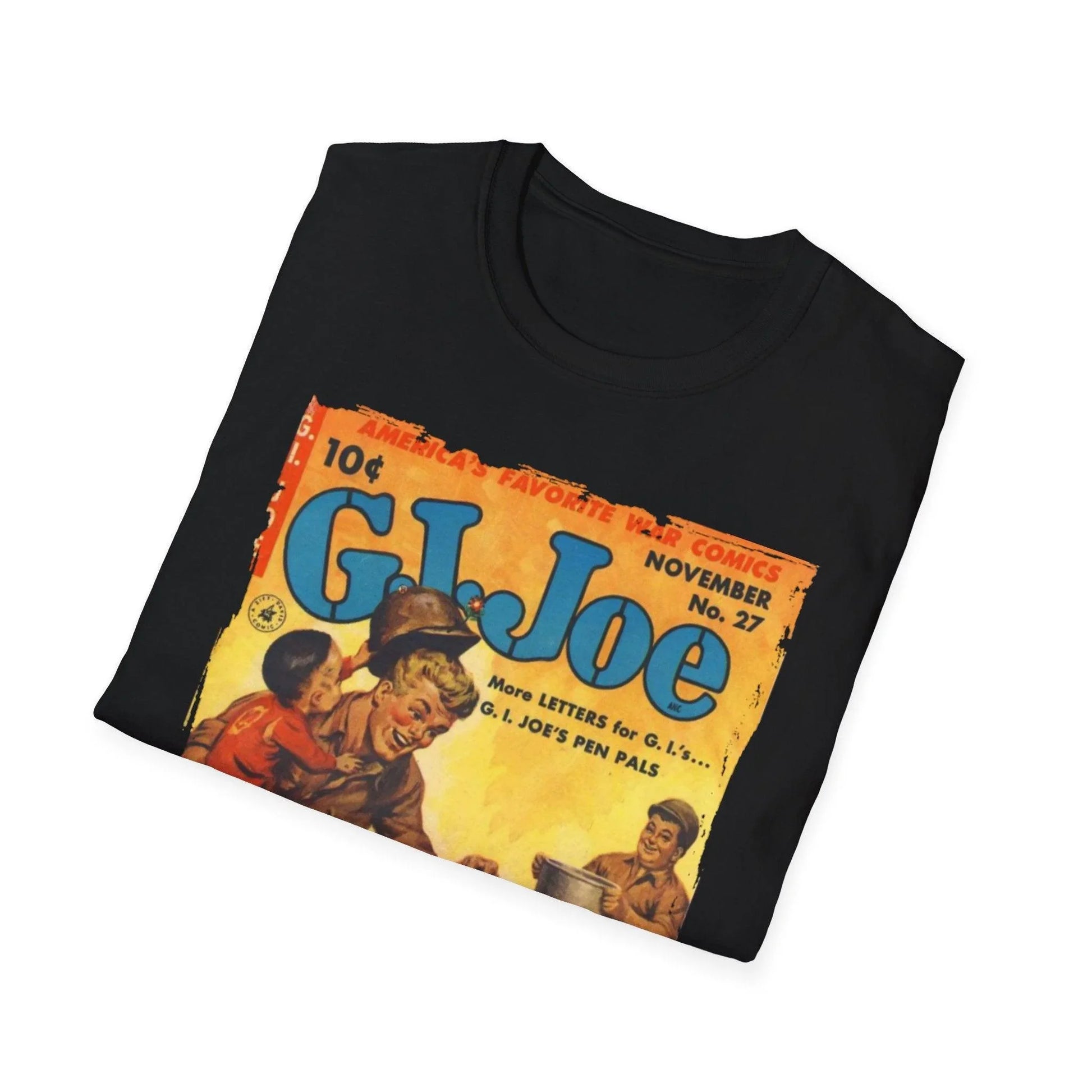 Close-up of the G.I. Joe No.27 softstyle T-shirt neckline showing stitching and subtle fabric texture in vibrant red color.