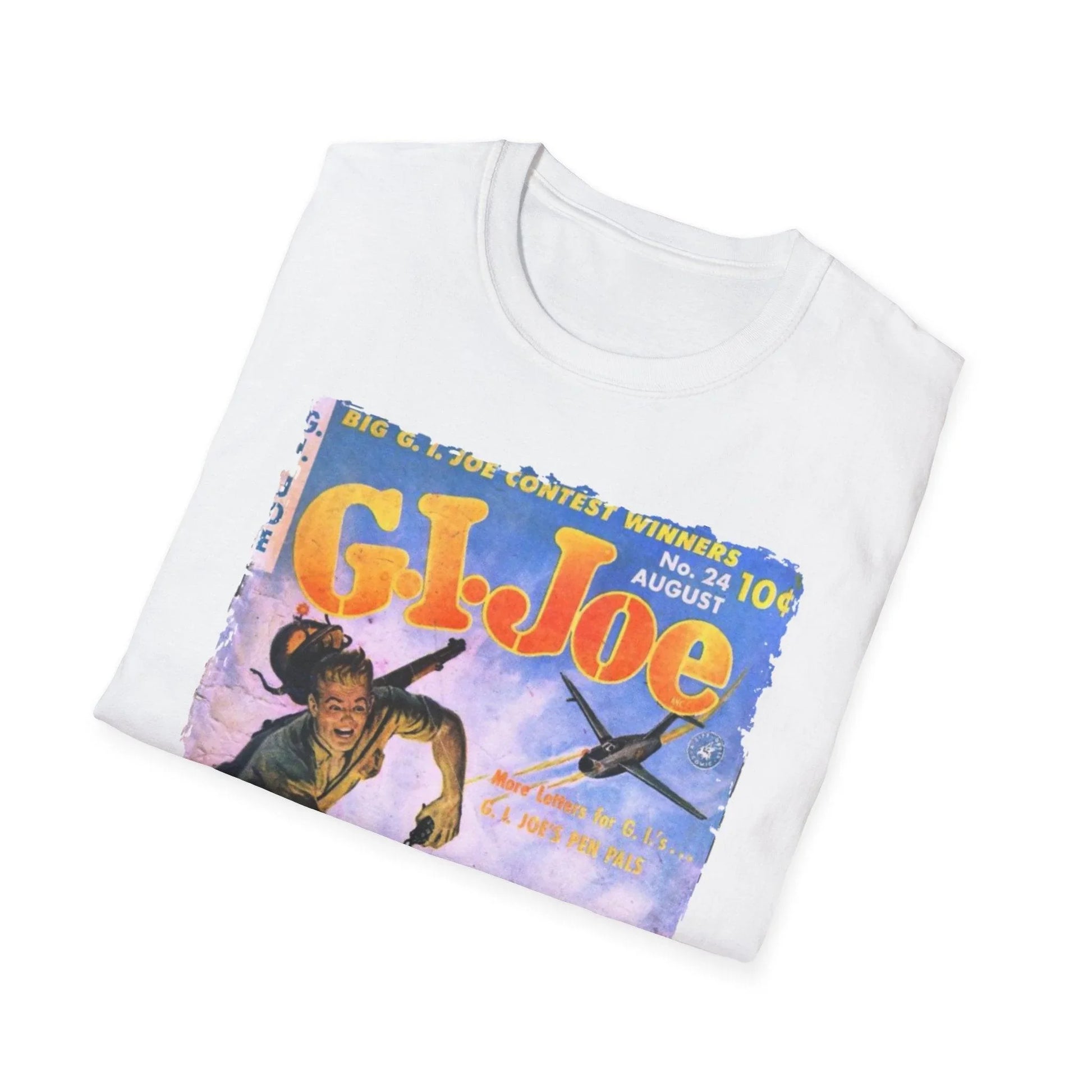 Close-up of the G.I. Joe No.24 unisex softstyle T-shirt's charcoal gray fabric showing subtle heather texture and reinforced