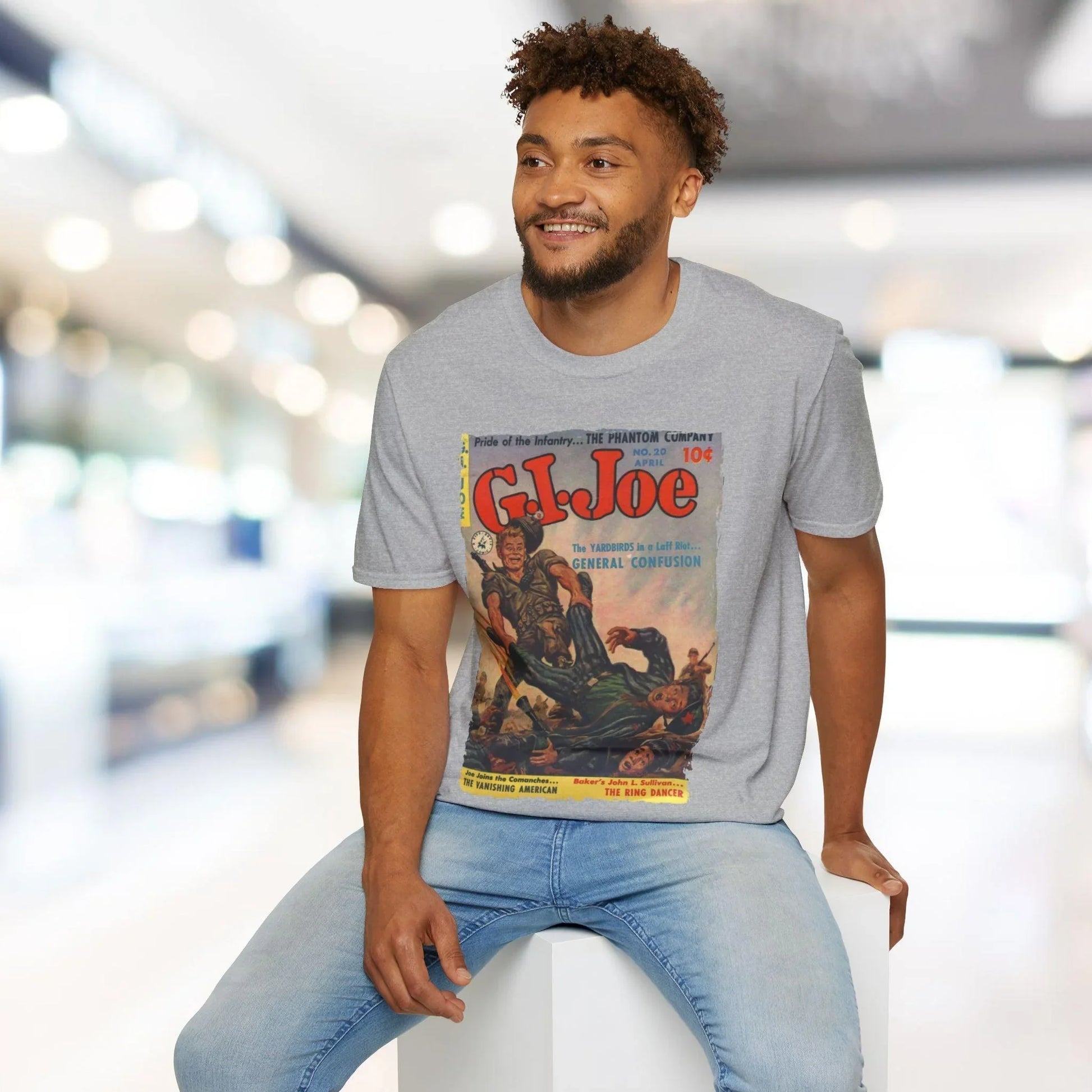 Close-up of the G.I. Joe No.20 softstyle T-shirt’s relaxed fit, showcasing the light heather gray fabric and subtle