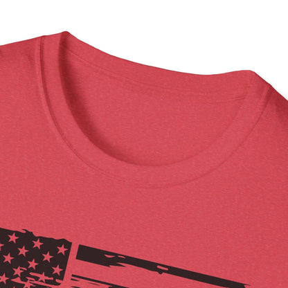 Close-up of distressed American flag black and white print showcasing textured fabric detail on the softstyle t-shirt’s