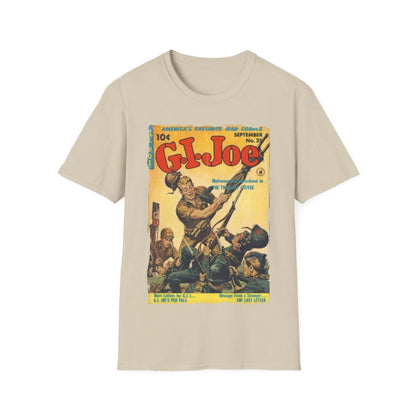 Close-up of the G.I. Joe No.25 softstyle T-shirt fabric showing smooth cotton-blend texture and subtle heather pattern from