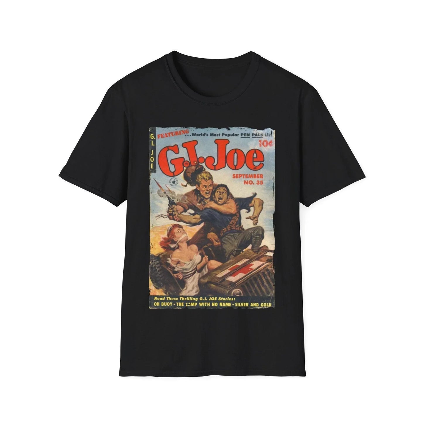 Printify G.I. Joe No.35 unisex softstyle cotton crew neck T-shirt in black, regular fit, DTG print, men's and women's