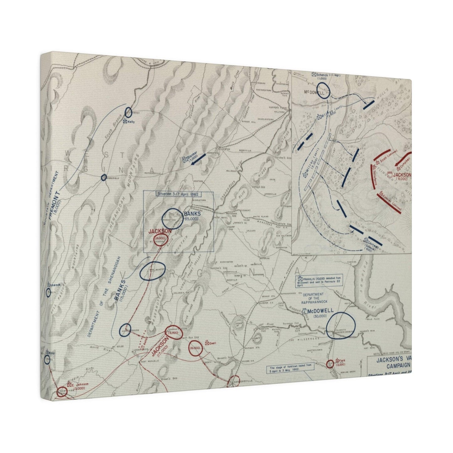 Close-up of canvas texture highlighting detailed brushwork and aged finish in the Battle of McDowell scene, 1862.