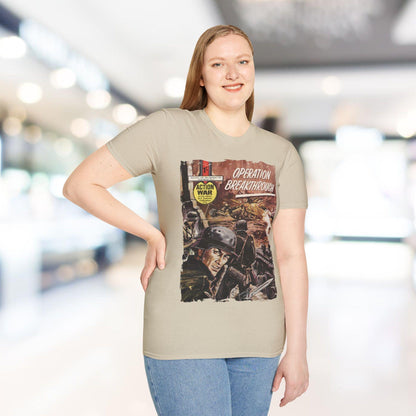 Close-up of the unisex softstyle T-shirt neckline displaying snug fit, light blue color, and smooth fabric texture from a