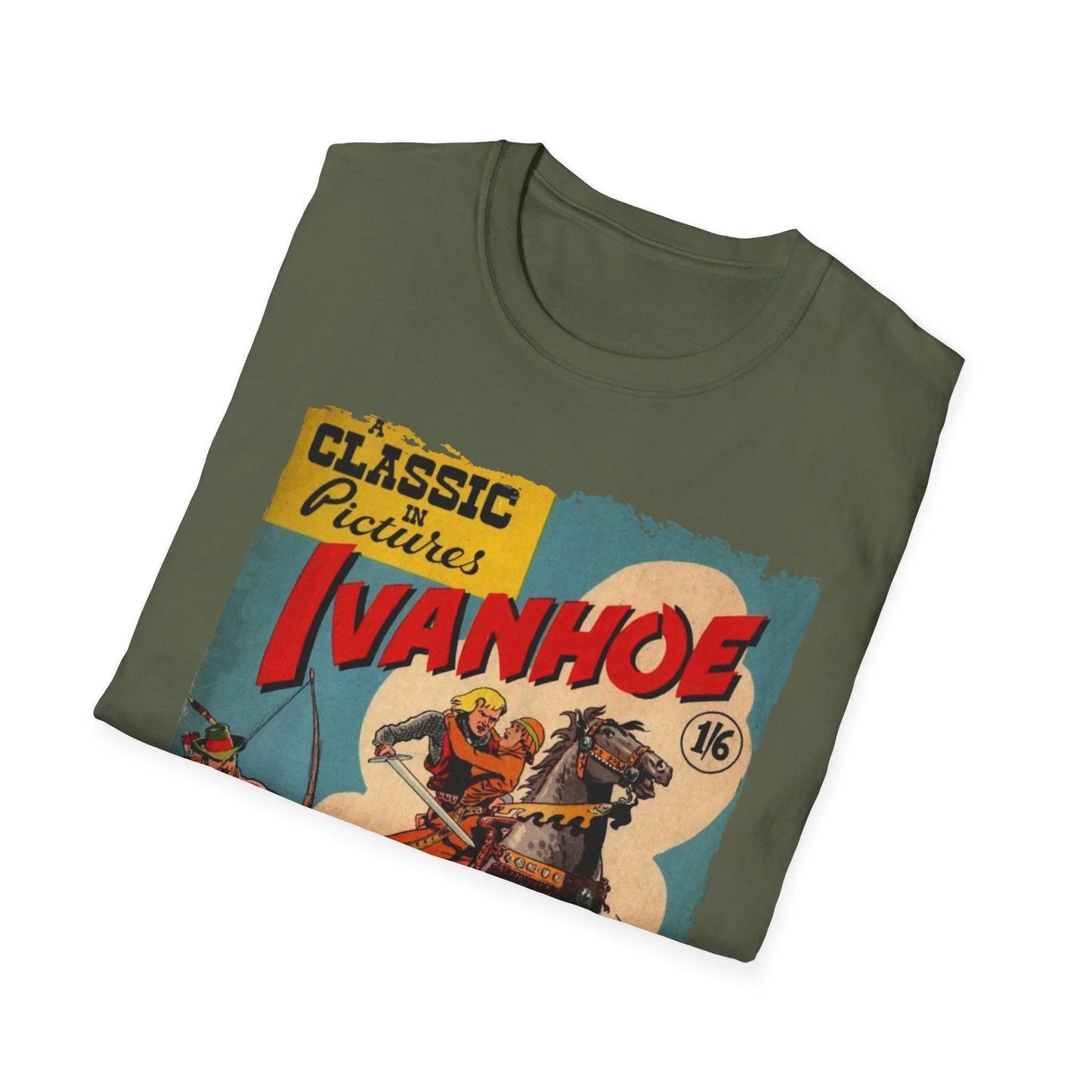 Close-up of the Ivanhoe 1949 graphic print on soft cotton fabric, showcasing vibrant colors and detailed vintage-style