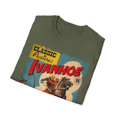 Close-up of the Ivanhoe 1949 graphic print on soft cotton fabric, showcasing vibrant colors and detailed vintage-style