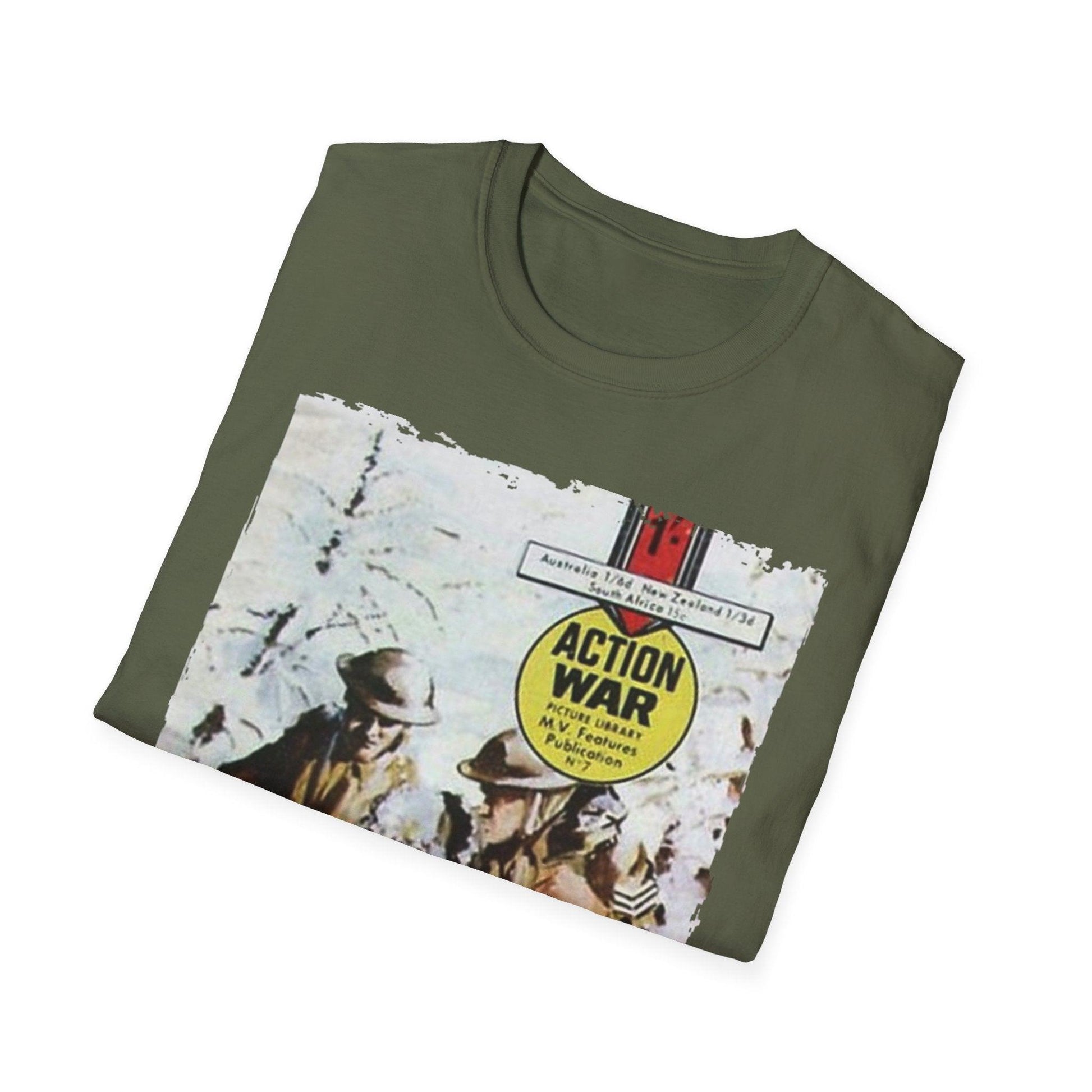 Close-up of the unisex softstyle T-shirt's comfortable crew neckline in vibrant red cotton blend fabric, showcasing subtle