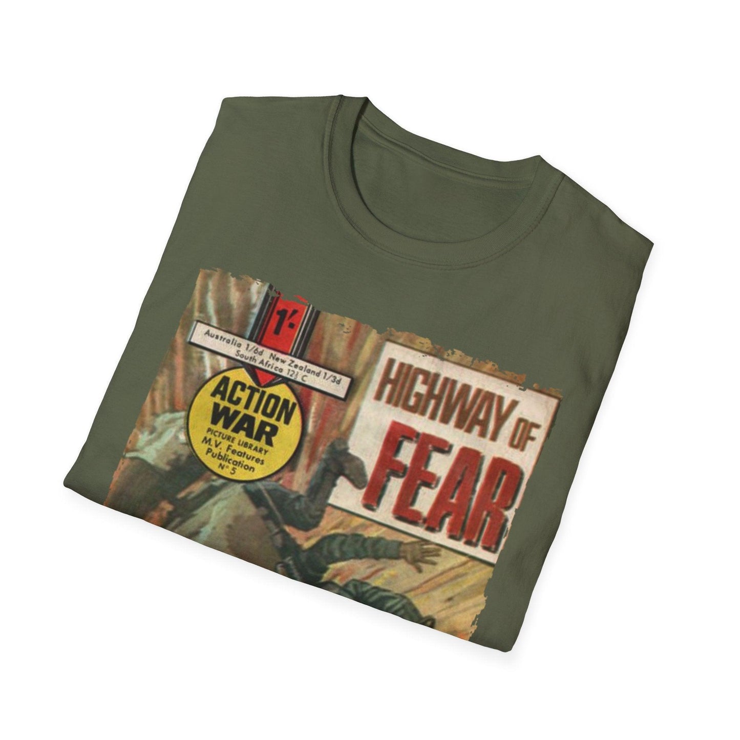 Close-up of the unisex softstyle fabric showing smooth texture and relaxed fit neckline from a slightly elevated angle