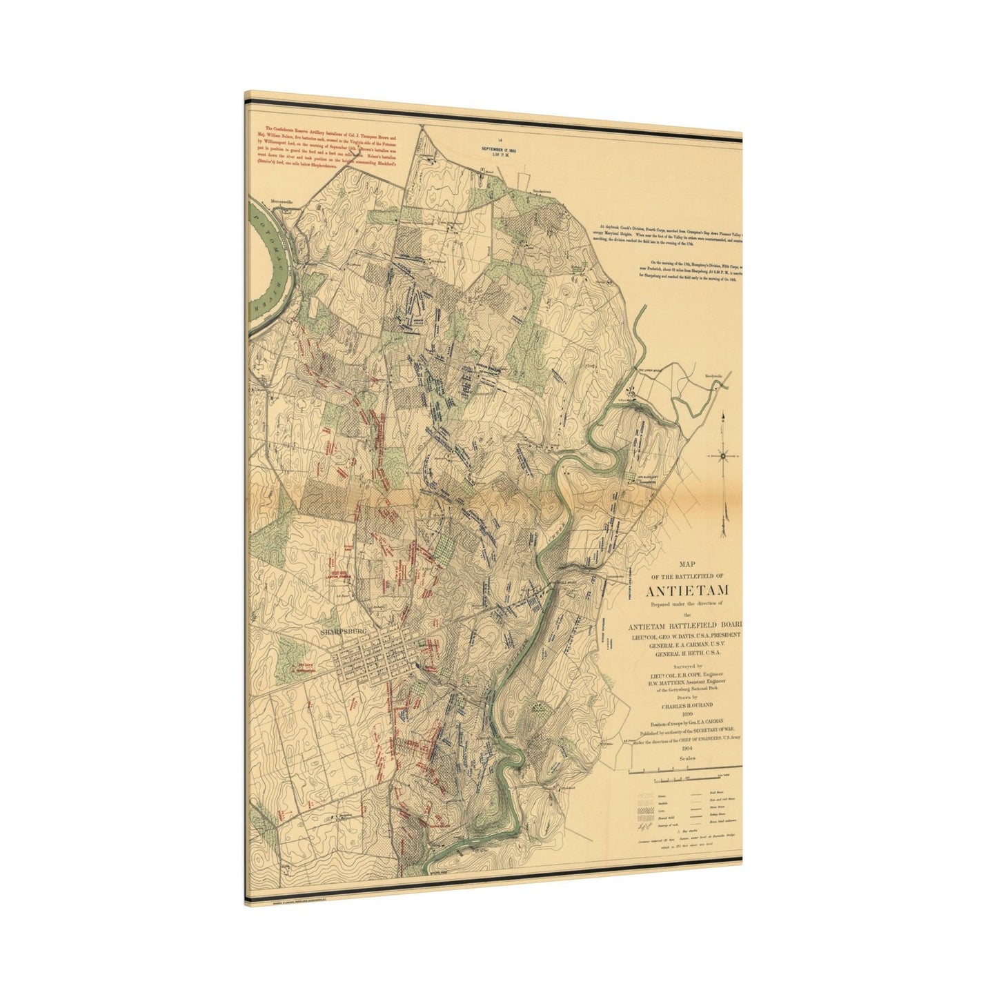 Close-up of textured canvas surface highlighting painted battlefield scene details and subtle color variations