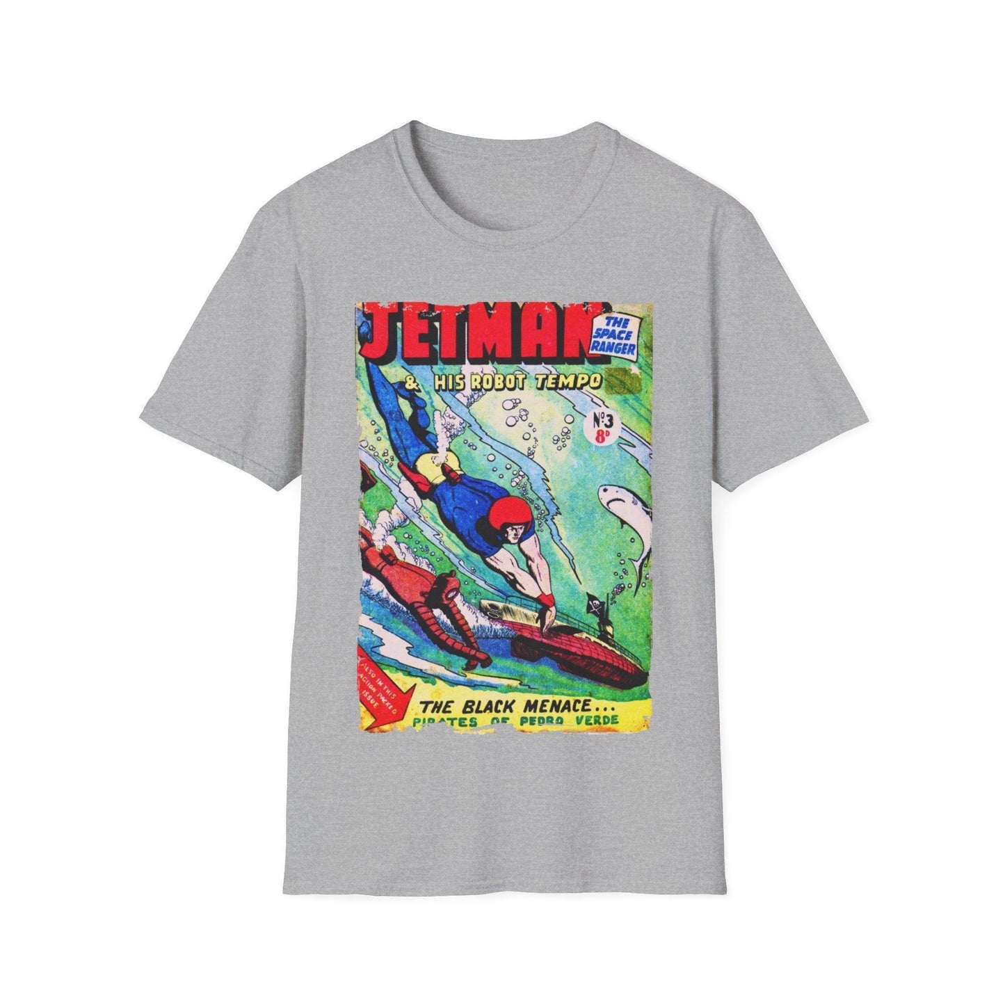 Close-up of the Jetman No.3 unisex softstyle T-shirt showing relaxed fit and heather navy fabric with visible neckline