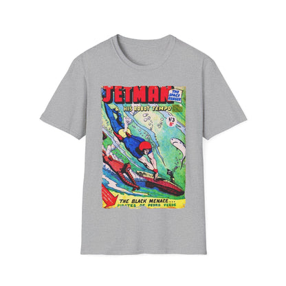 Close-up of the Jetman No.3 unisex softstyle T-shirt showing relaxed fit and heather navy fabric with visible neckline