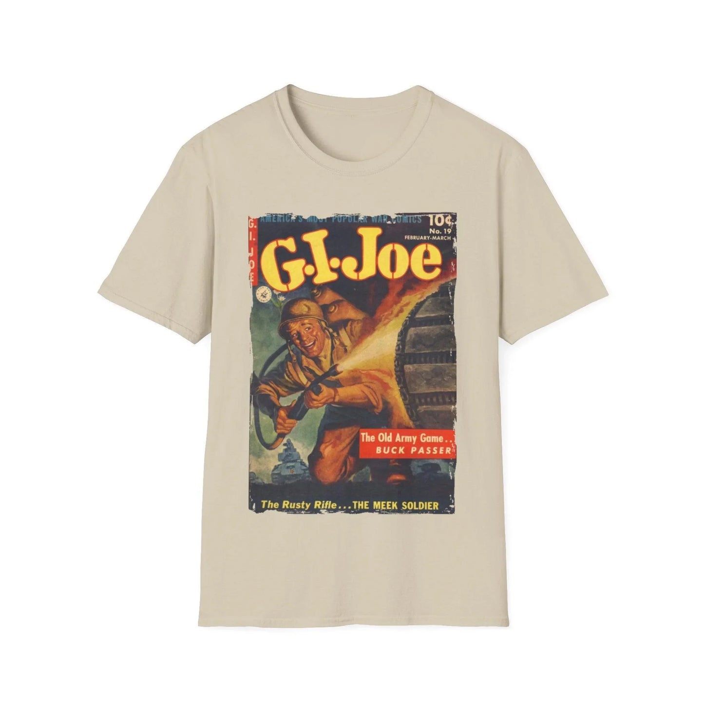 Close-up of the G.I. Joe No.19 unisex softstyle T-shirt's collar showing reinforced stitching and smooth fabric texture in