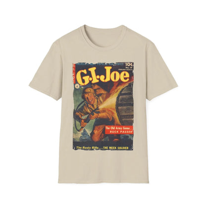 Close-up of the G.I. Joe No.19 unisex softstyle T-shirt's collar showing reinforced stitching and smooth fabric texture in