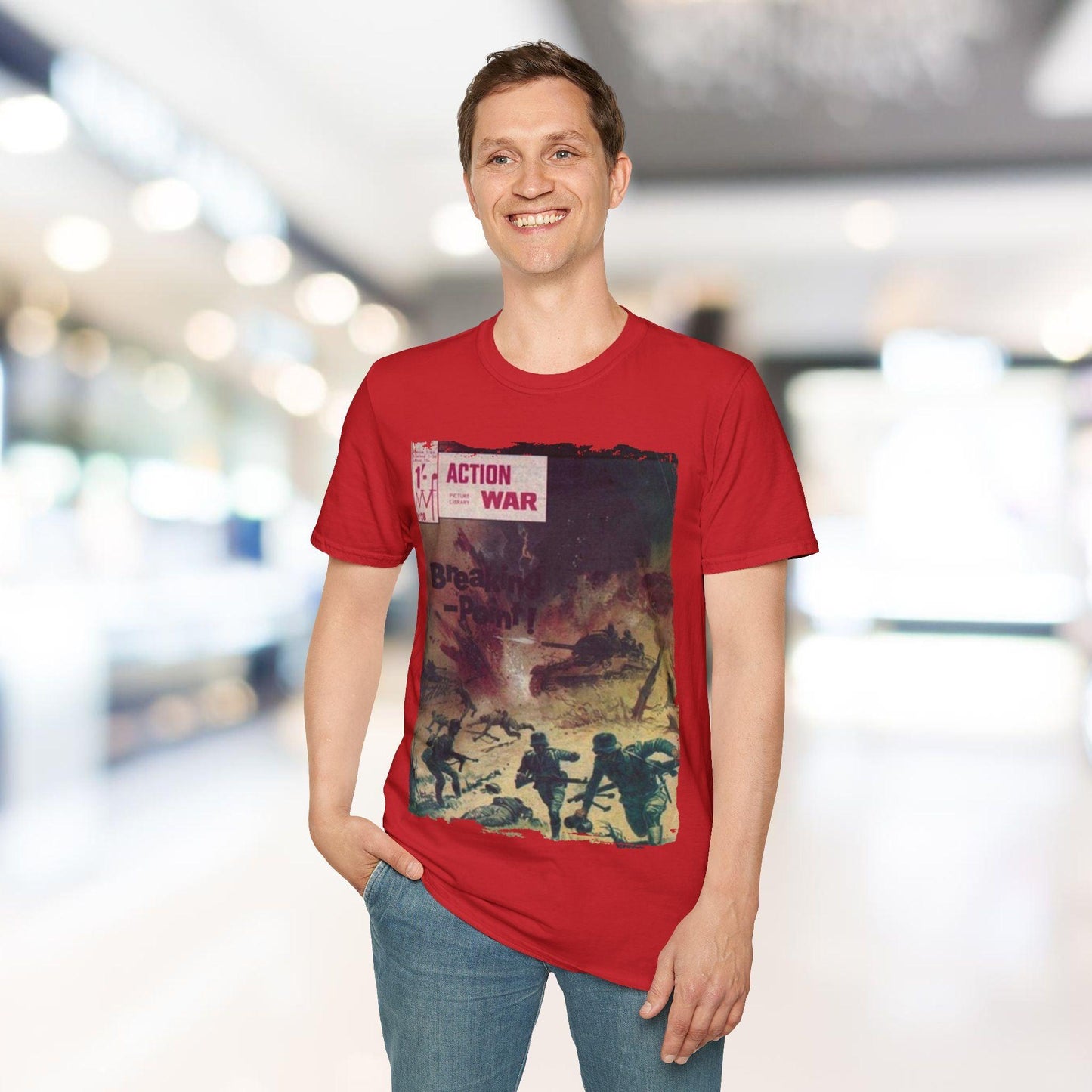 Close-up of the unisex softstyle T-shirt's navy fabric showing smooth cotton-blend texture and relaxed fit neckline detail.