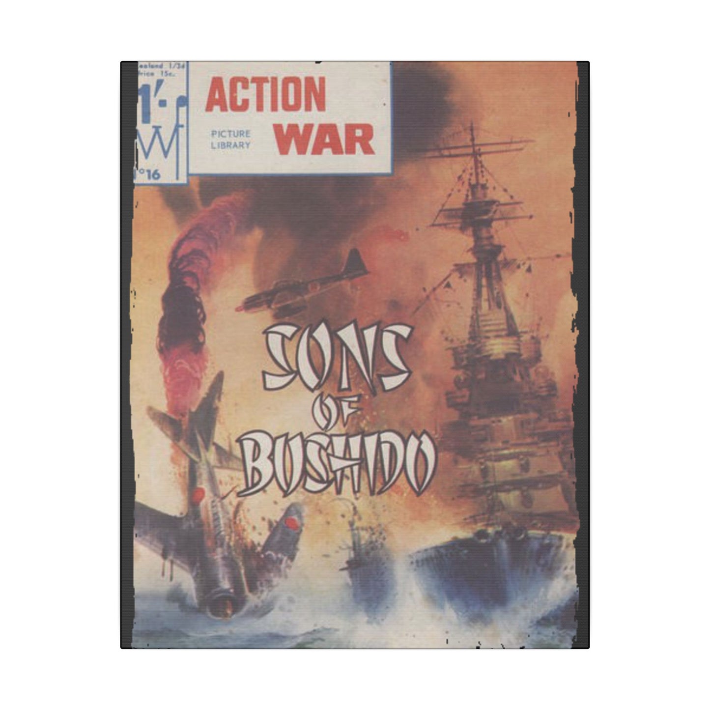 Close-up of the vibrant comic illustration on canvas highlighting dynamic line work and bold color contrasts at a low-angle